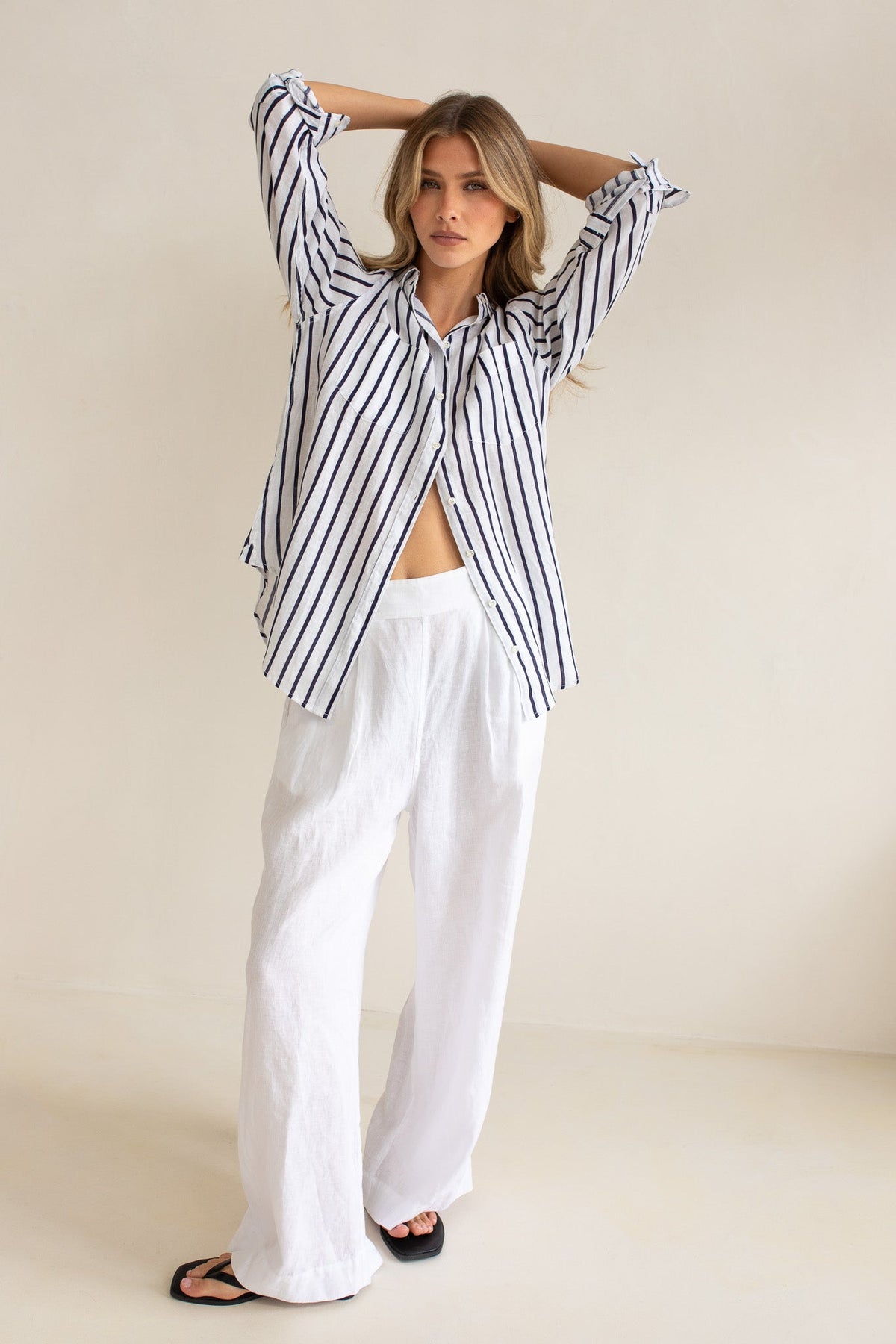 Stripe Boyfriend Linen Shirt - Navy and White