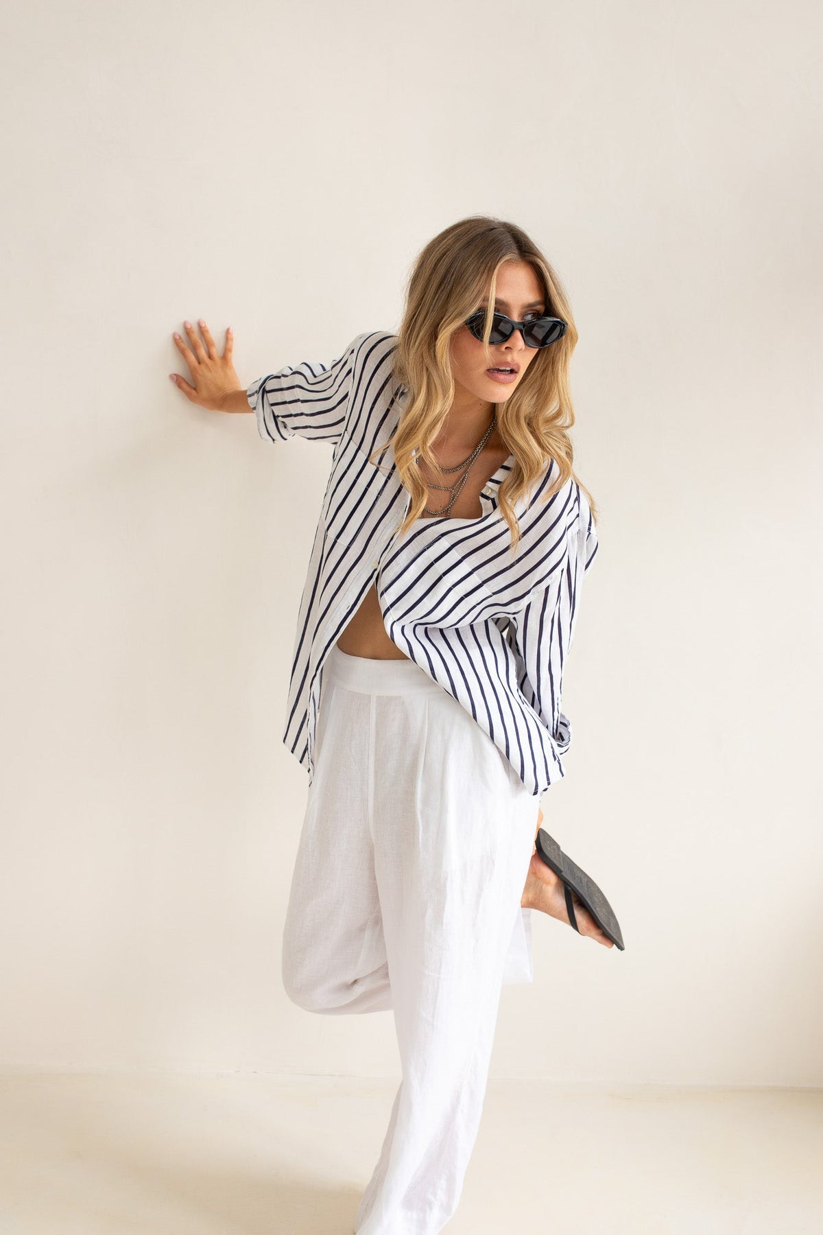 Stripe Boyfriend Linen Shirt - Navy and White