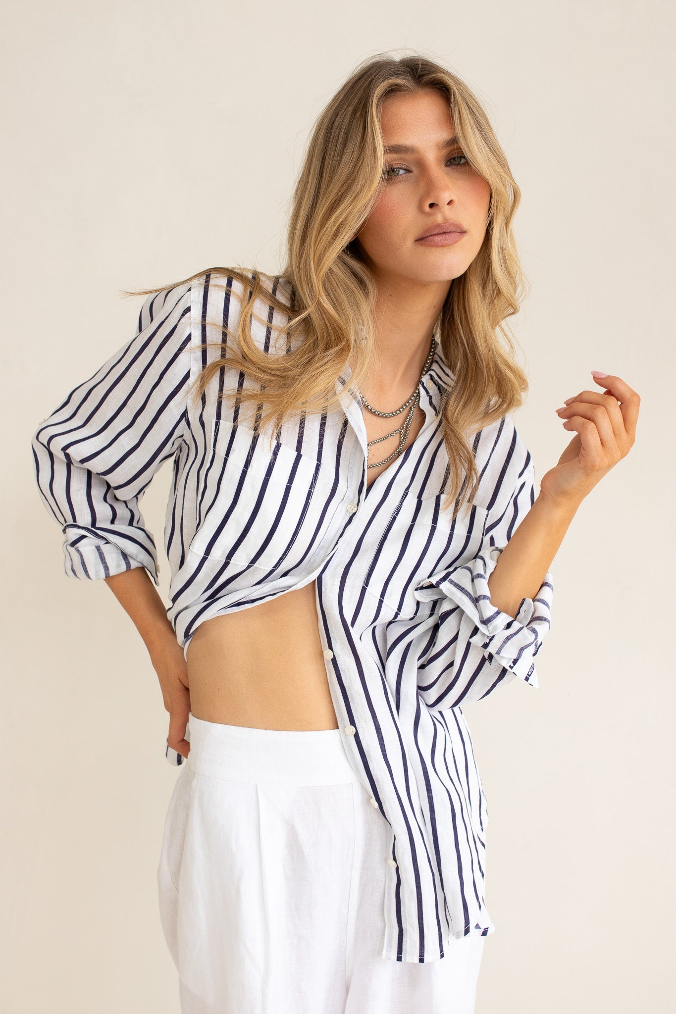 Stripe Boyfriend Linen Shirt - Navy and White
