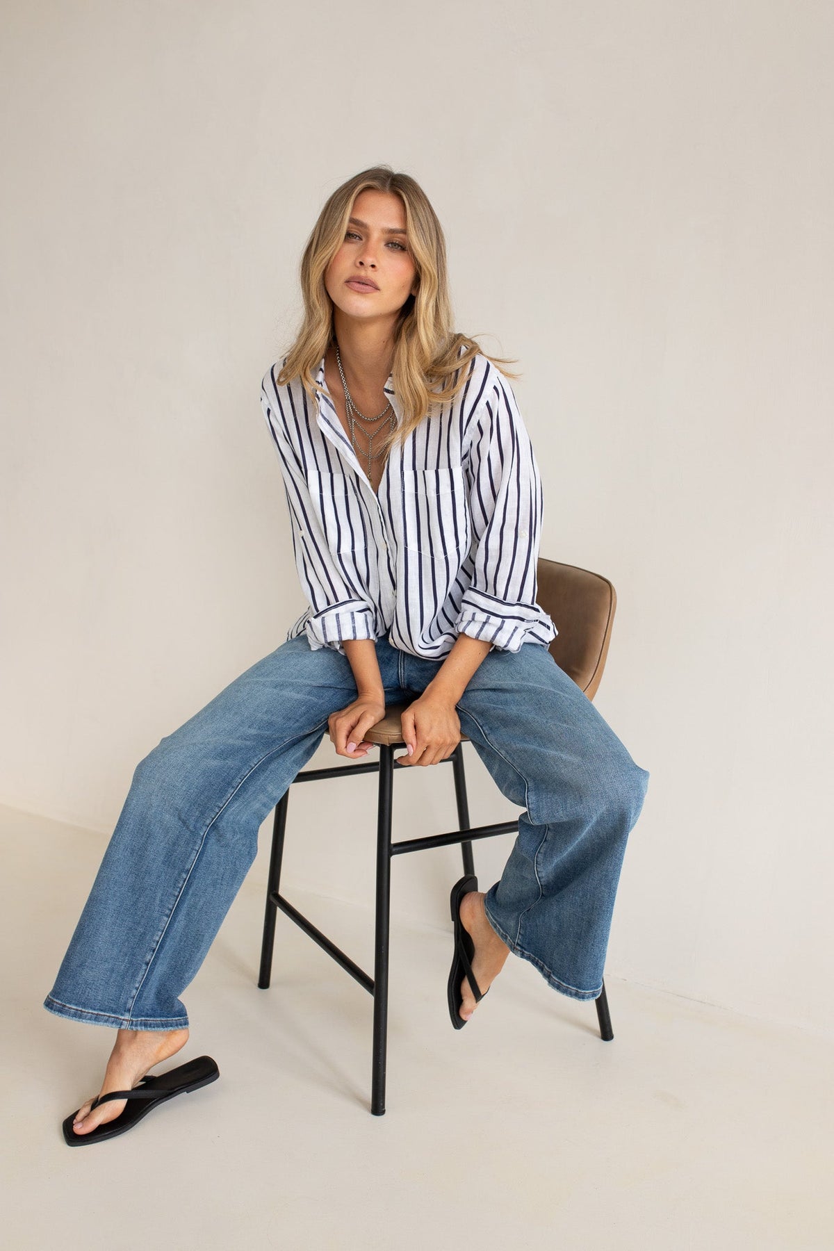 Stripe Boyfriend Linen Shirt - Navy and White