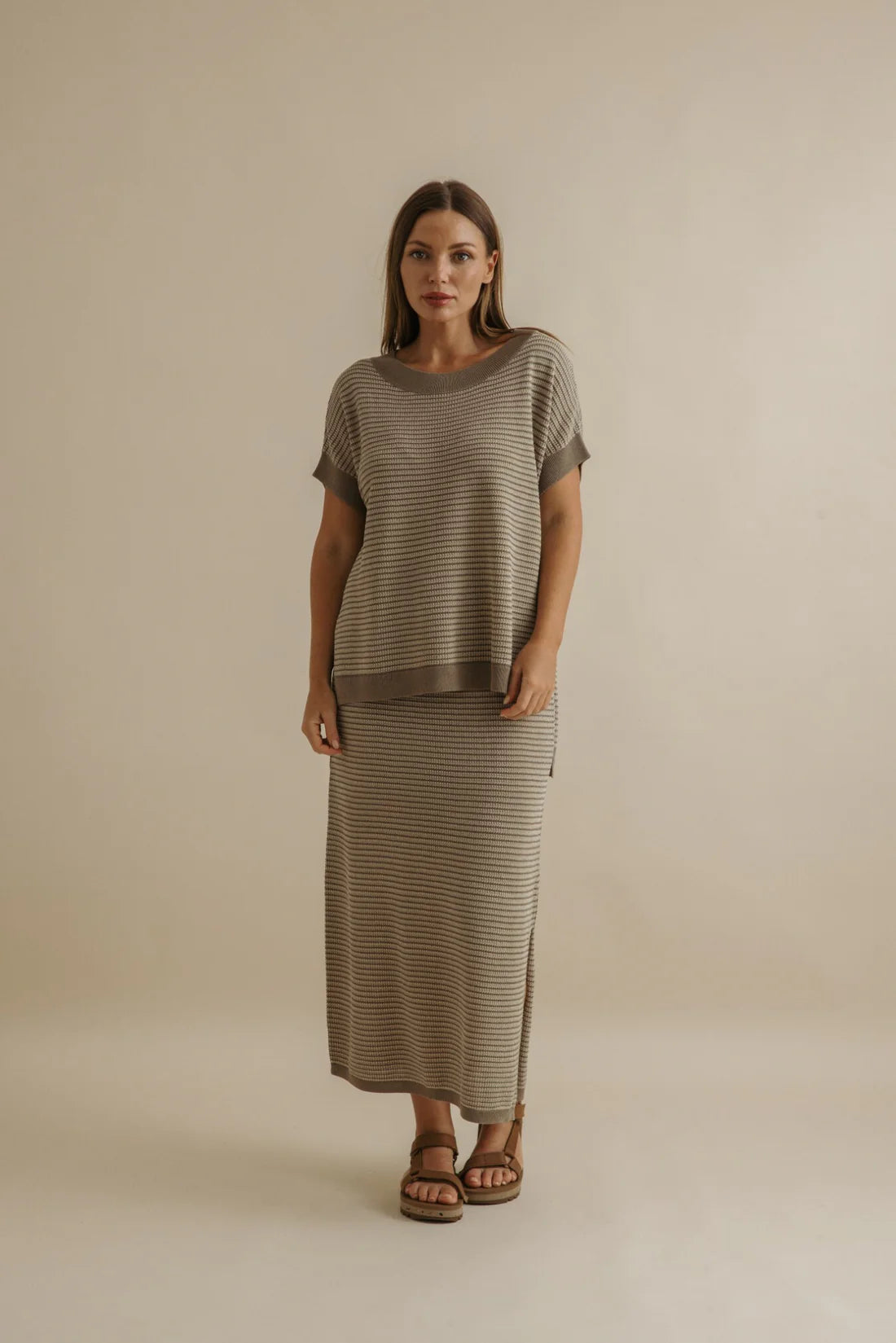 Lattice Knit top - khaki/gold