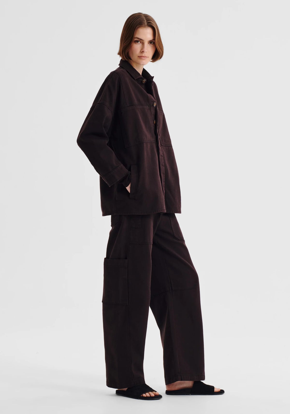 Dark brown washed cotton denim