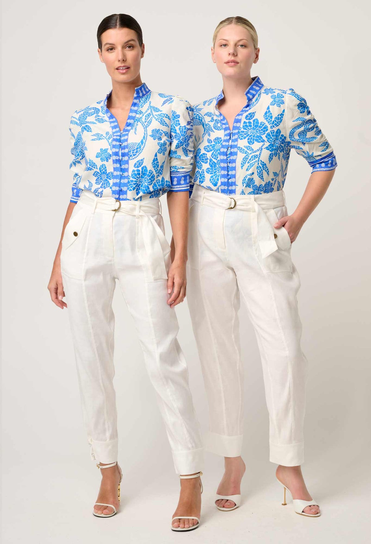 Calantha  Rouched Sleeve Shirt - Azure Mosaic