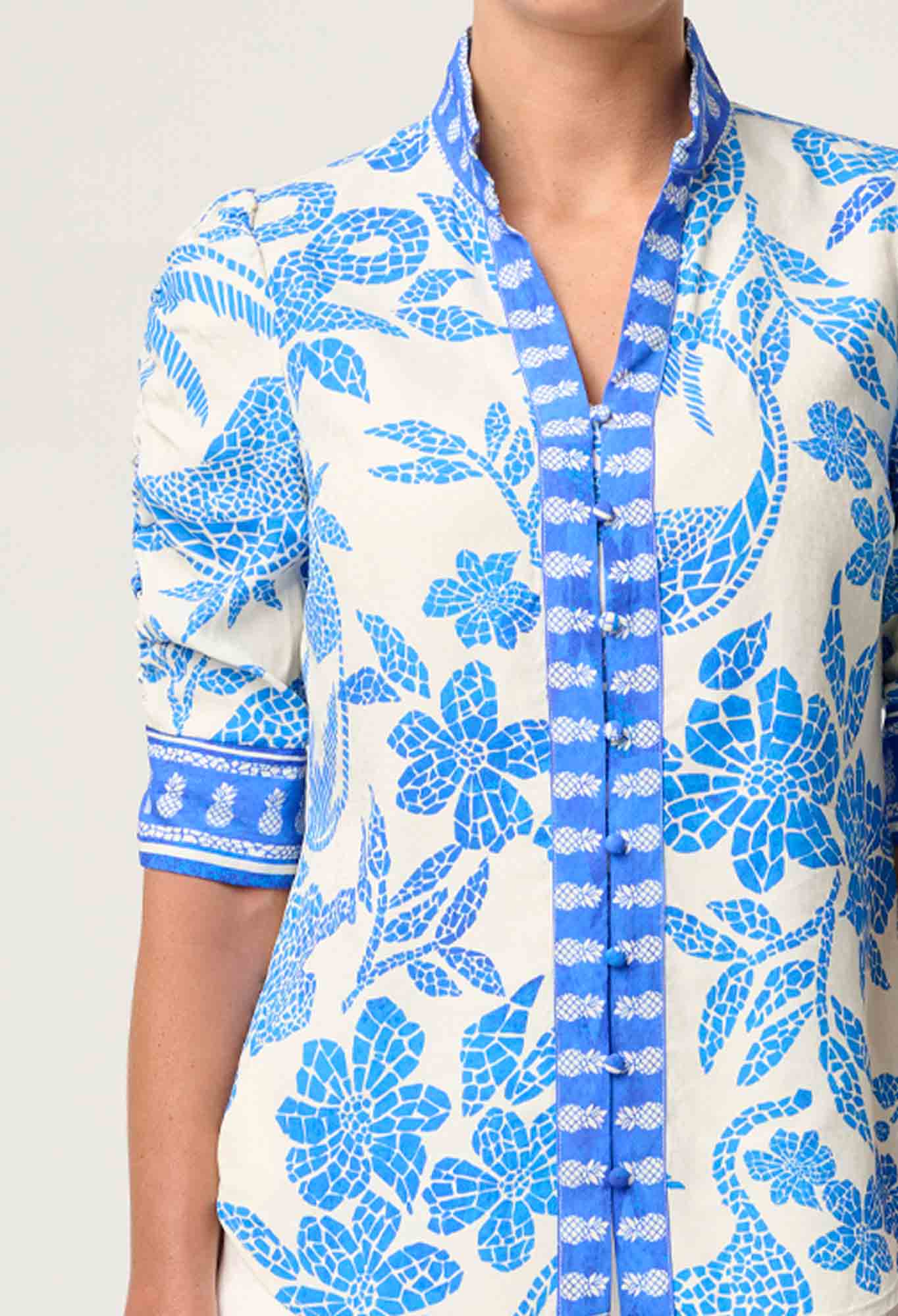 Calantha  Rouched Sleeve Shirt - Azure Mosaic