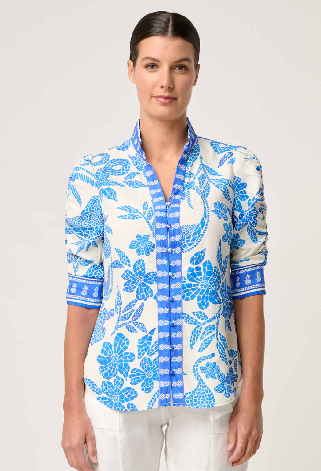 Calantha  Rouched Sleeve Shirt - Azure Mosaic