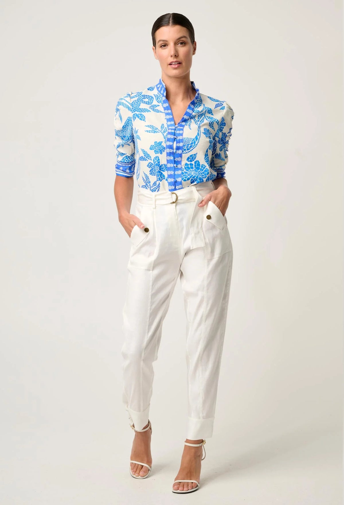 Calantha  Rouched Sleeve Shirt - Azure Mosaic