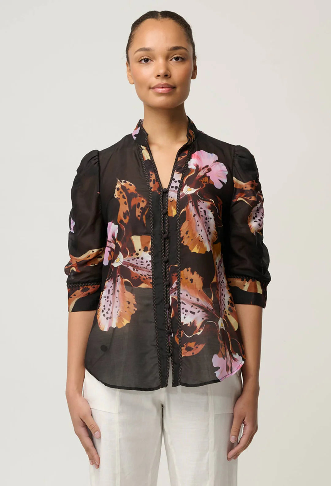 Calantha Cotton Silk Sleeve Shirt in Sunset Orchid