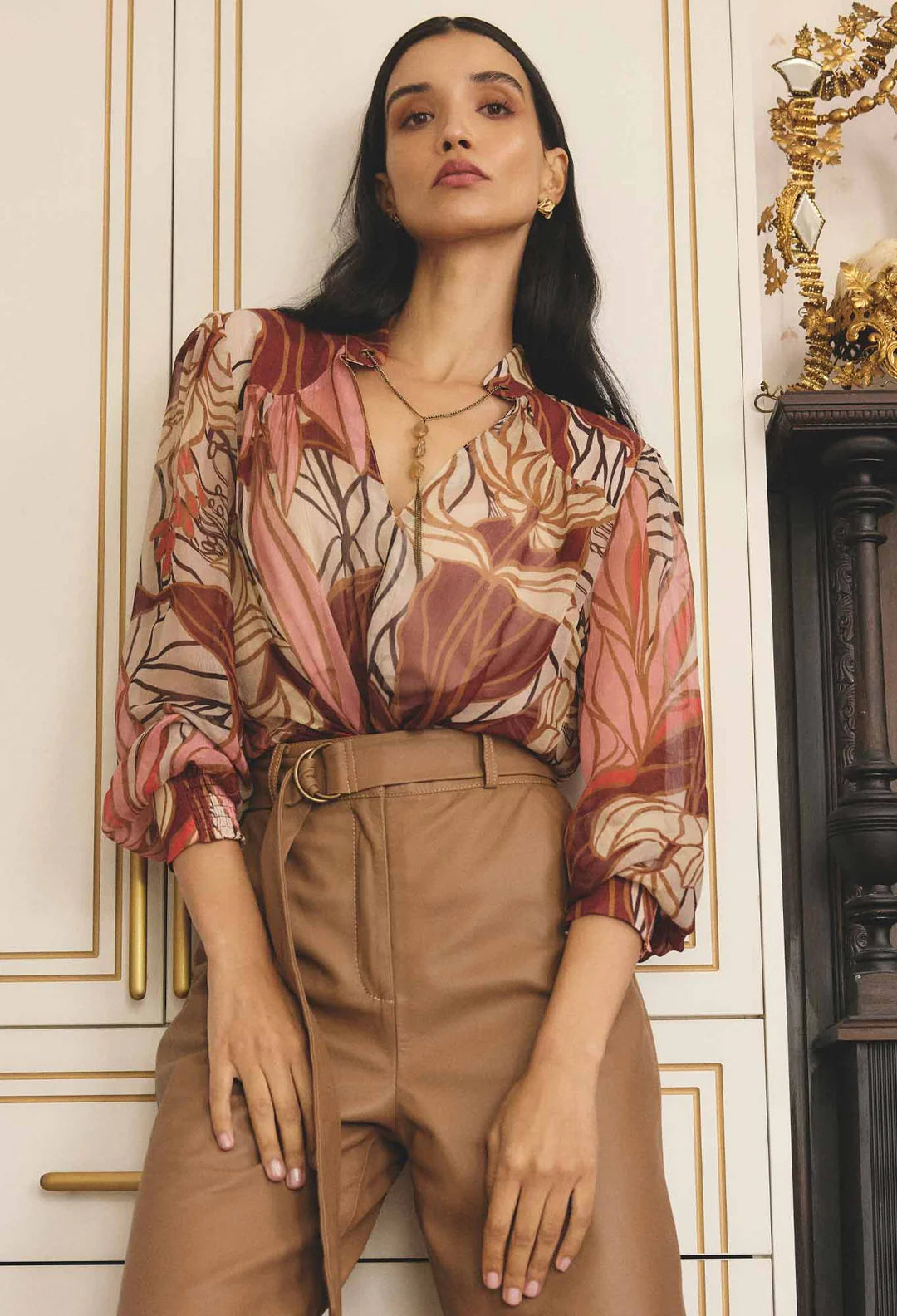 Freya Sheer Viscose Blouse with Embellished Neck Detail in Cathedral Botanic