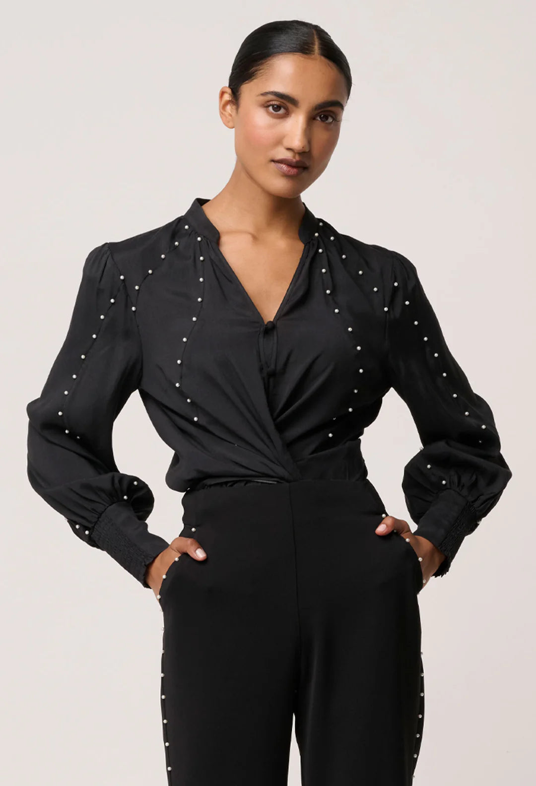 Marcela Pearl Embellished Shirt - Black