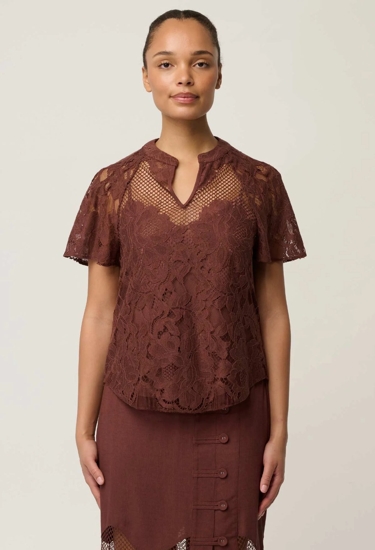 Solene Lace Sleeve Top - Rosewood