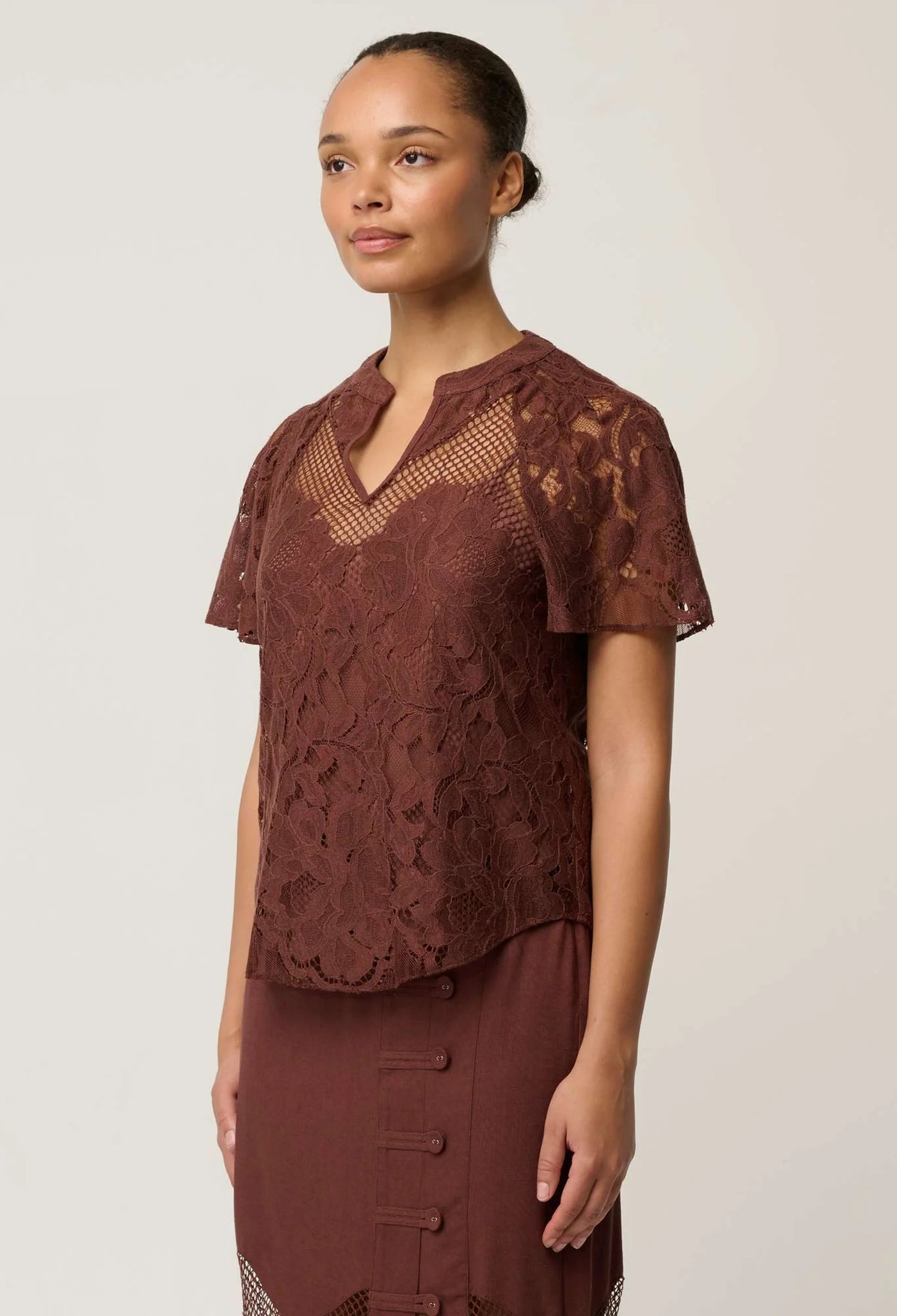 Solene Lace Sleeve Top - Rosewood