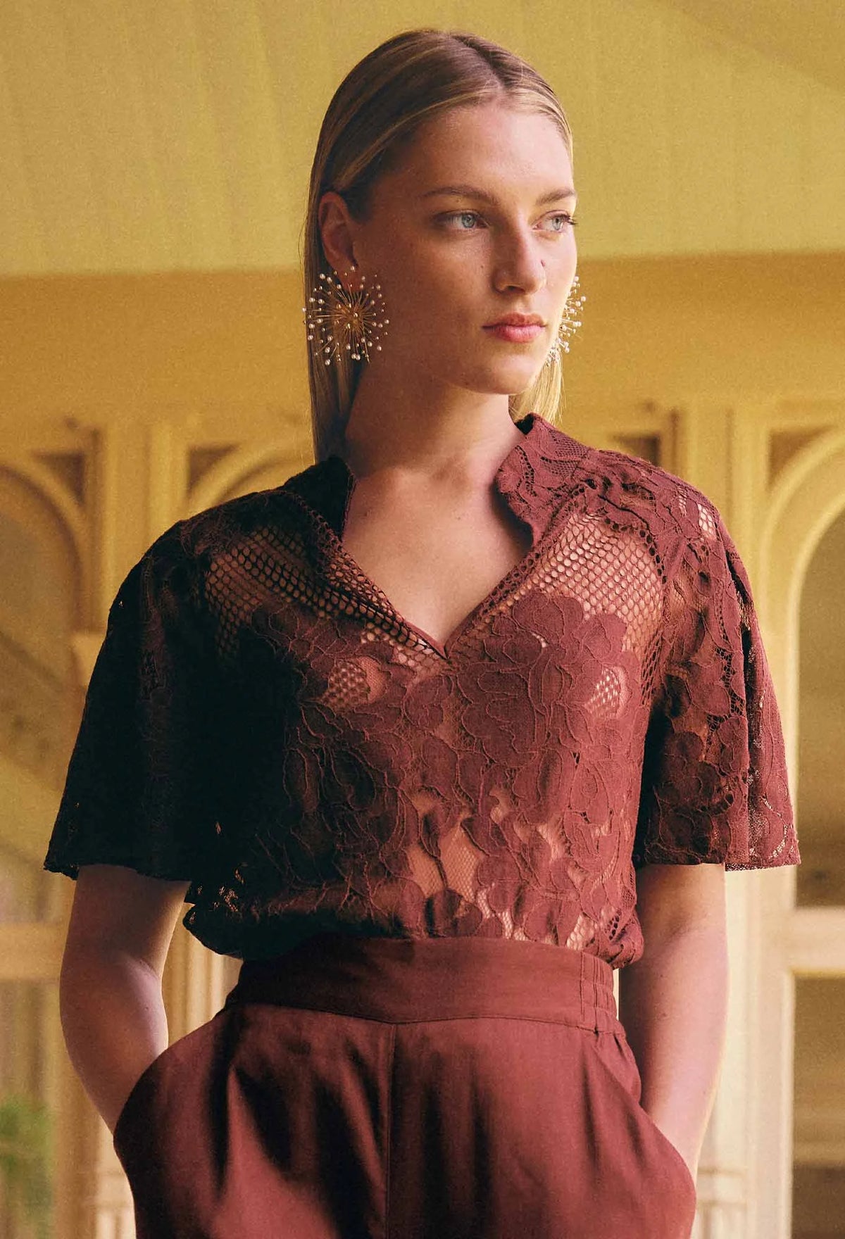 Solene Lace Sleeve Top - Rosewood
