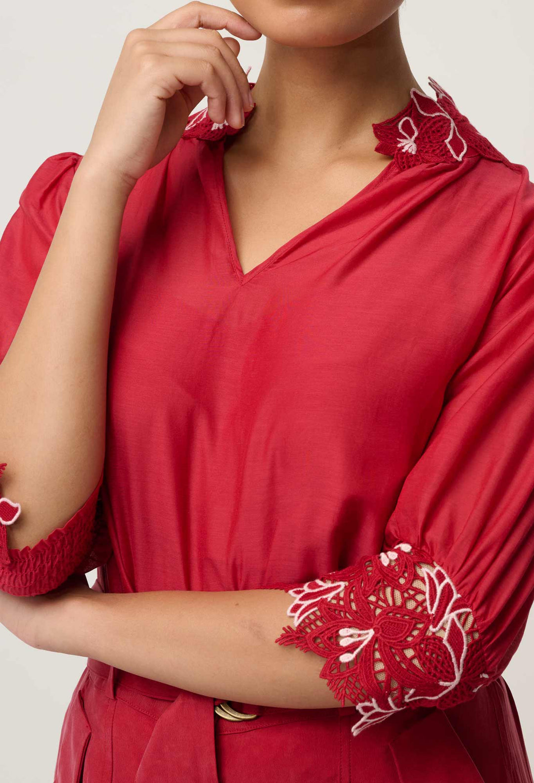 Jardin Cotton Silk Lace Blouse - Dahlia Red