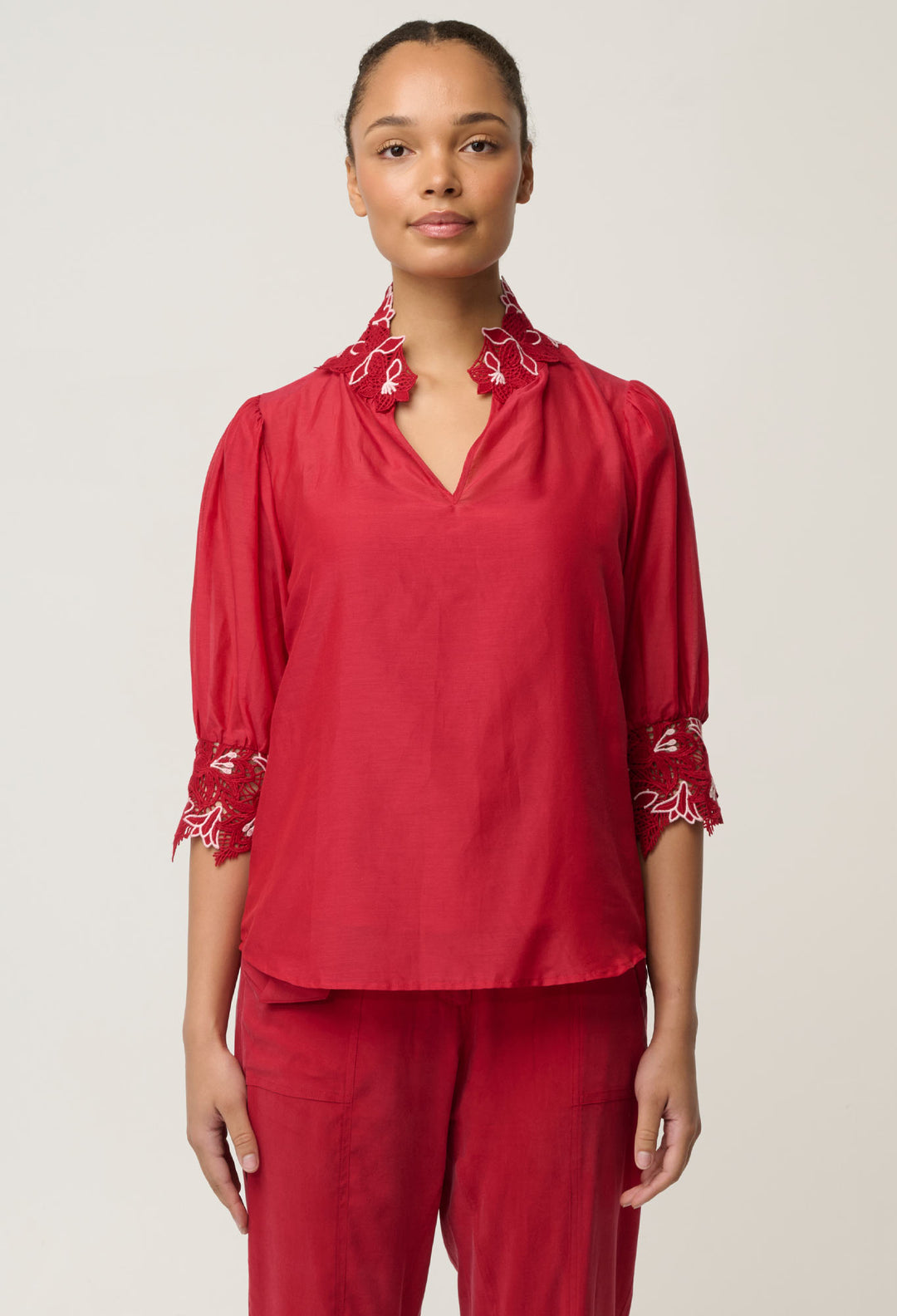 Jardin Cotton Silk Lace Blouse - Dahlia Red