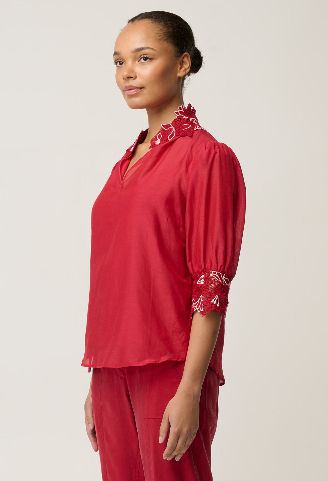 Jardin Cotton Silk Lace Blouse - Dahlia Red