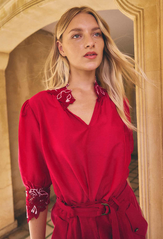 Jardin Cotton Silk Lace Blouse - Dahlia Red