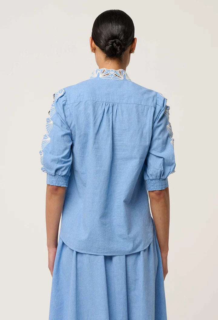Claudia Embroidered Top - Blue Chambray