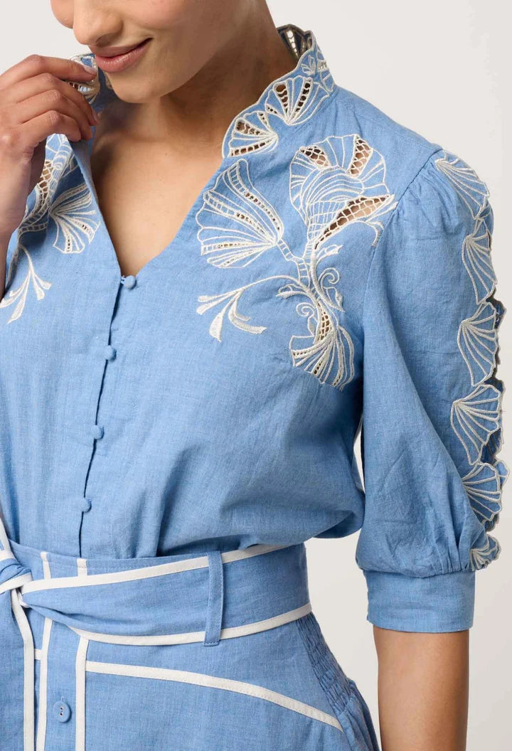 Claudia Embroidered Top - Blue Chambray