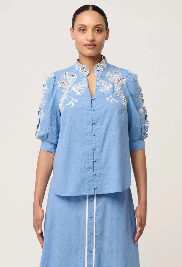 Claudia Embroidered Top - Blue Chambray