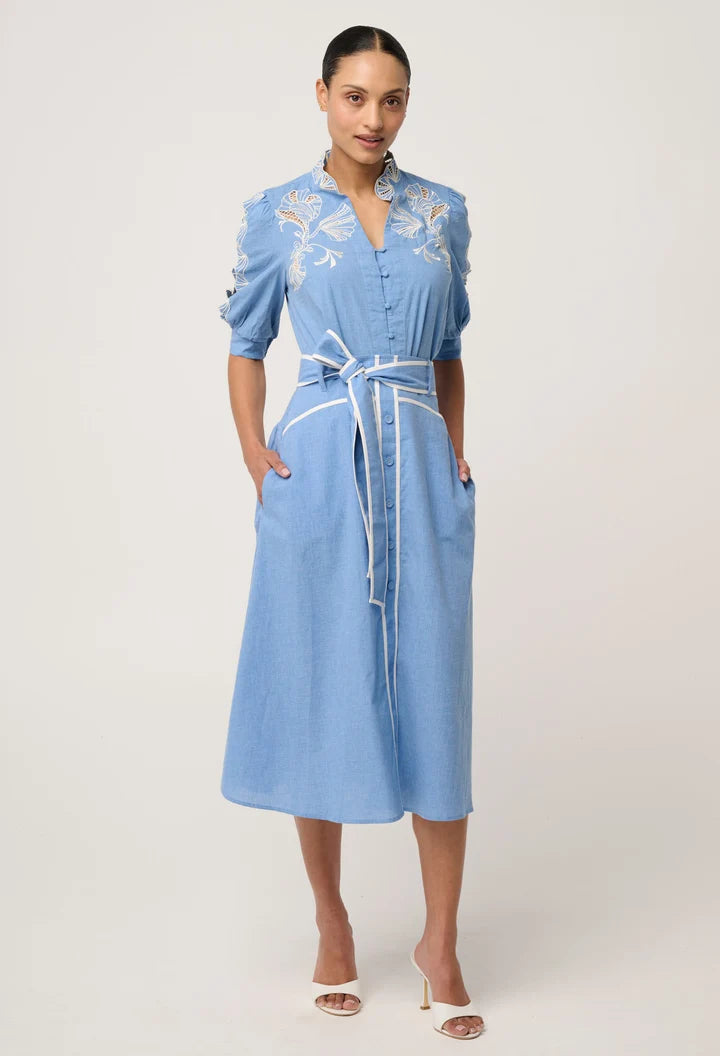 Claudia Embroidered Top - Blue Chambray