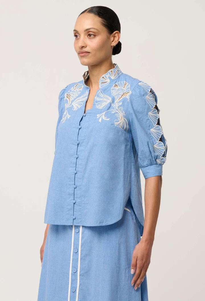 Claudia Embroidered Top - Blue Chambray
