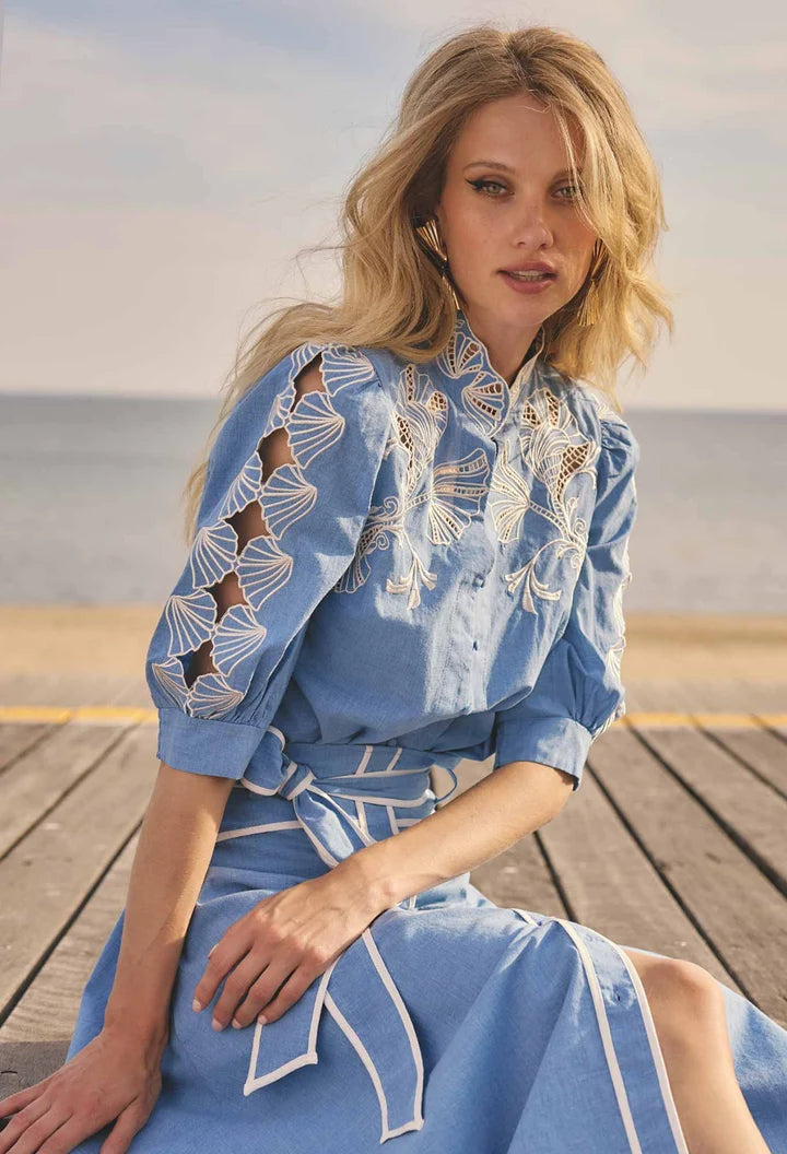 Claudia Embroidered Top - Blue Chambray