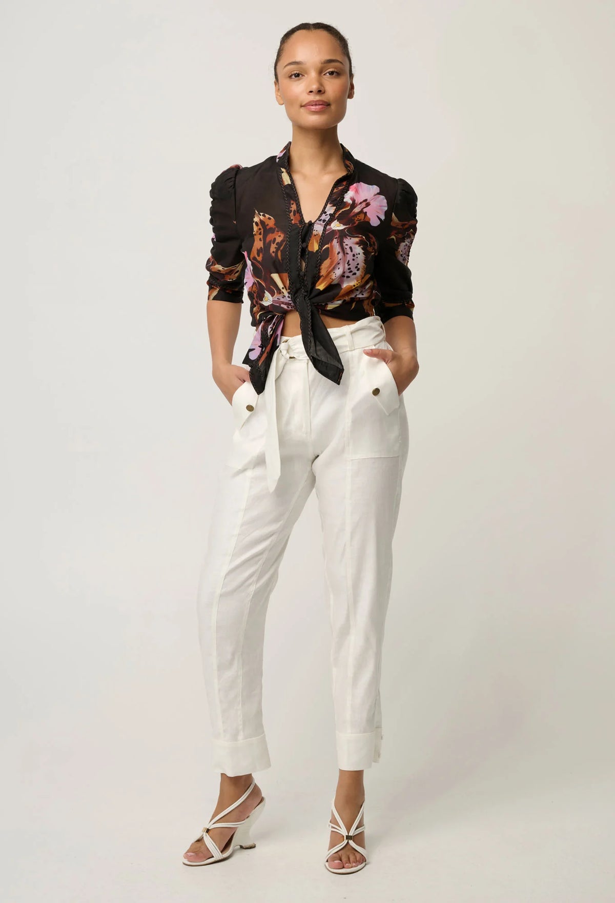 Trinidad Linen Viscose Button Cuff Pant in Ivory