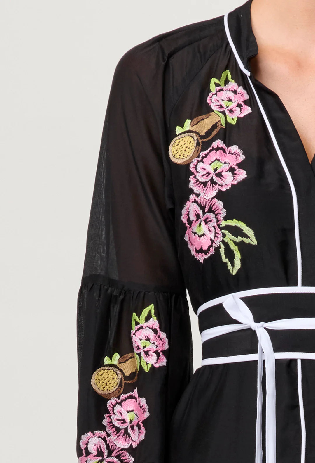 Catalina Embroidered Cotton Silk Dress - Black Flores