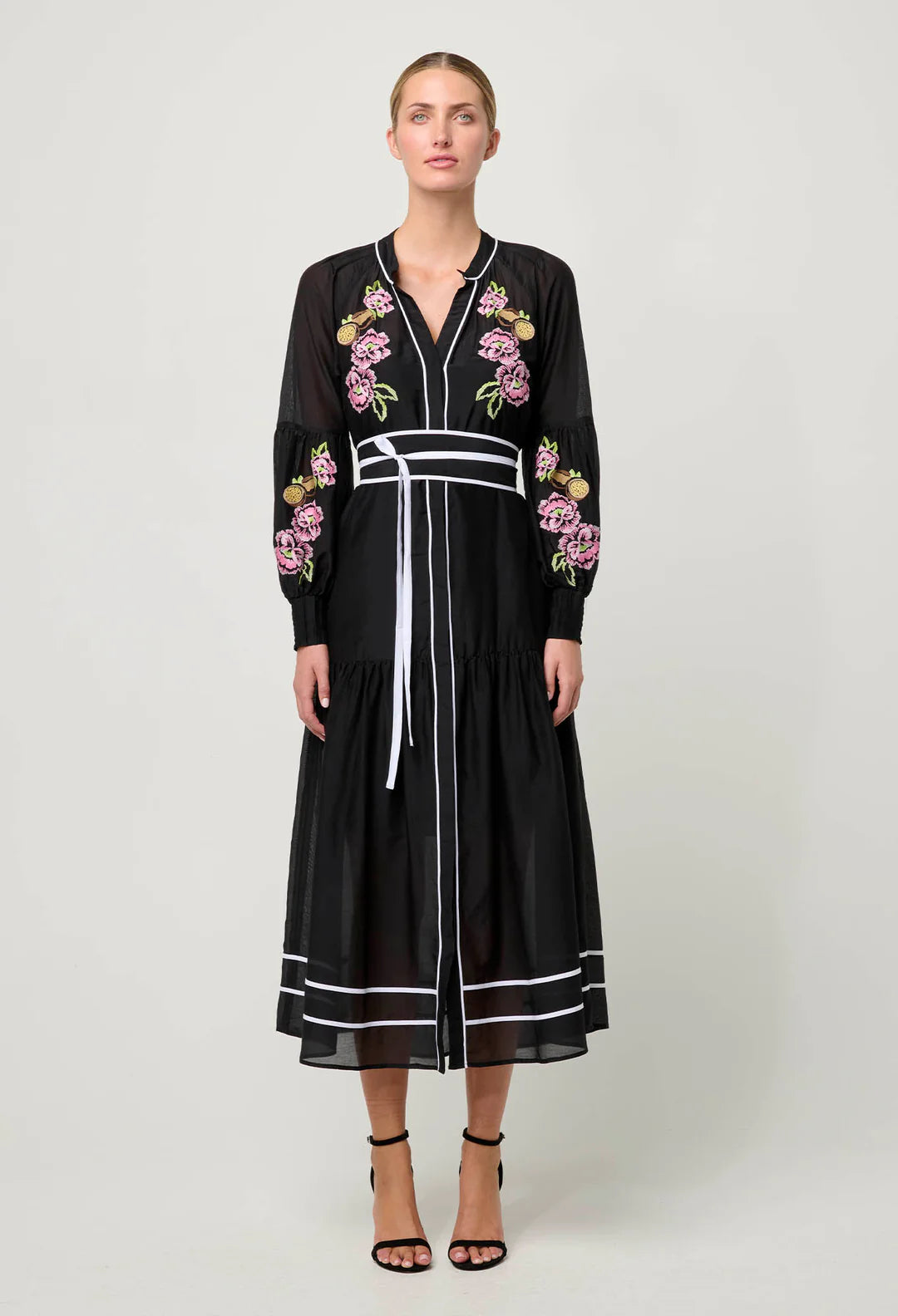 Catalina Embroidered Cotton Silk Dress - Black Flores
