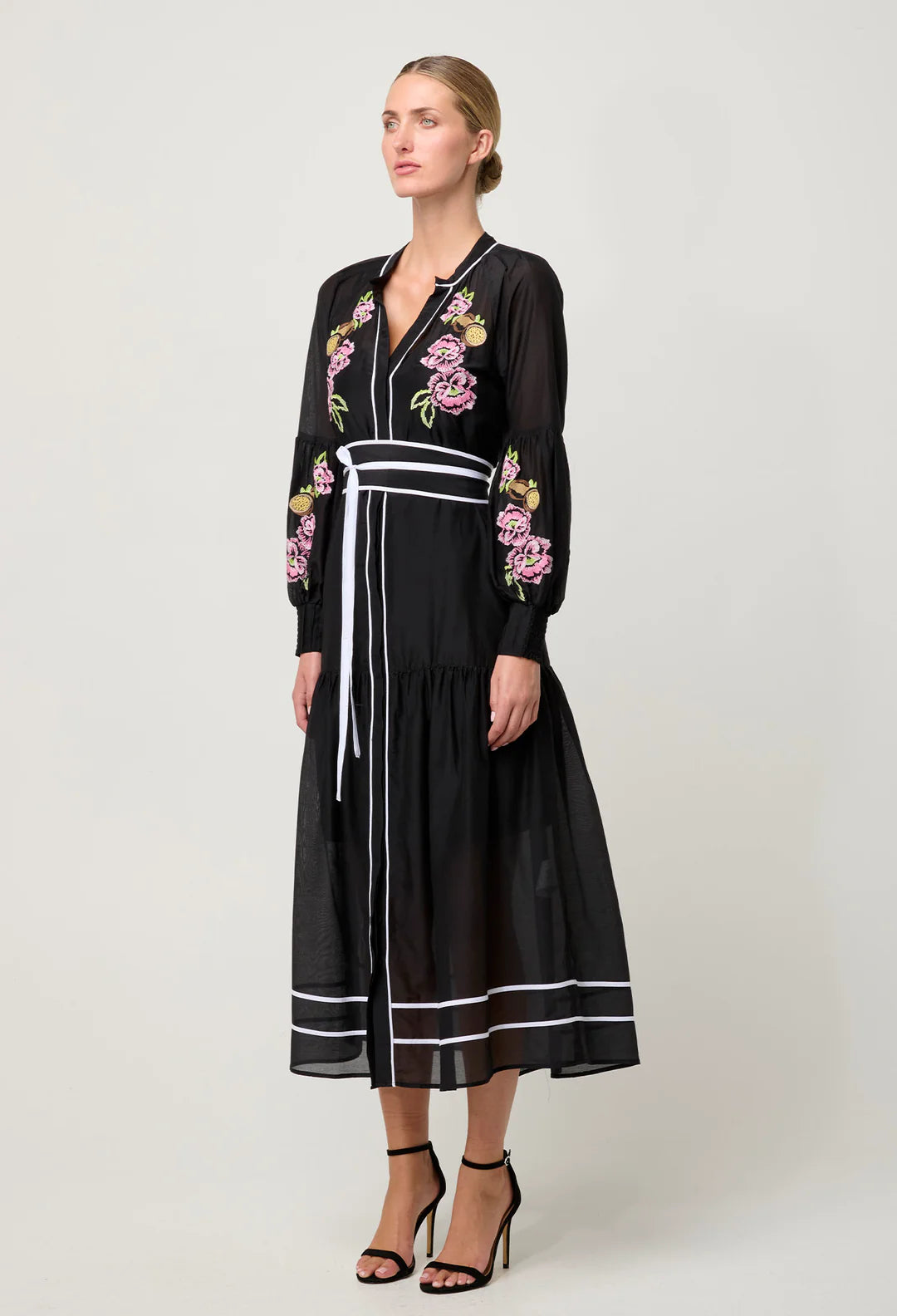 Catalina Embroidered Cotton Silk Dress - Black Flores
