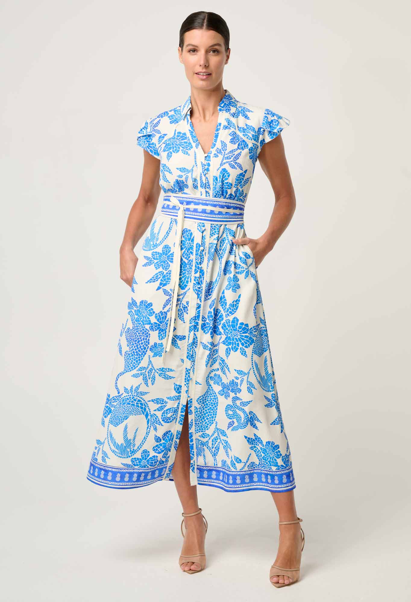 Callista Petal Sleeve Dress - Azure Mosaic