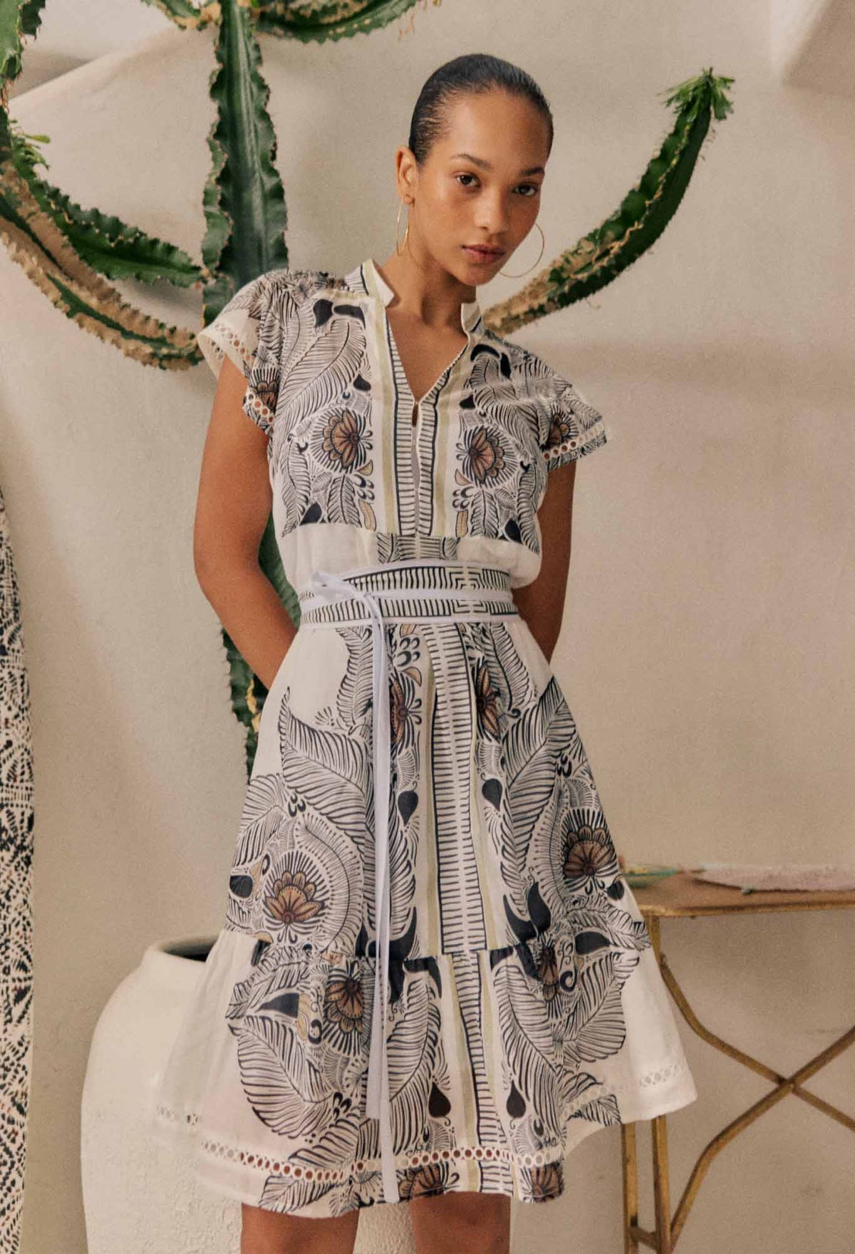 Once Was Malika Silk Cotton Lace Trim Flutter Sleeve Dress in Ivory Casablanca