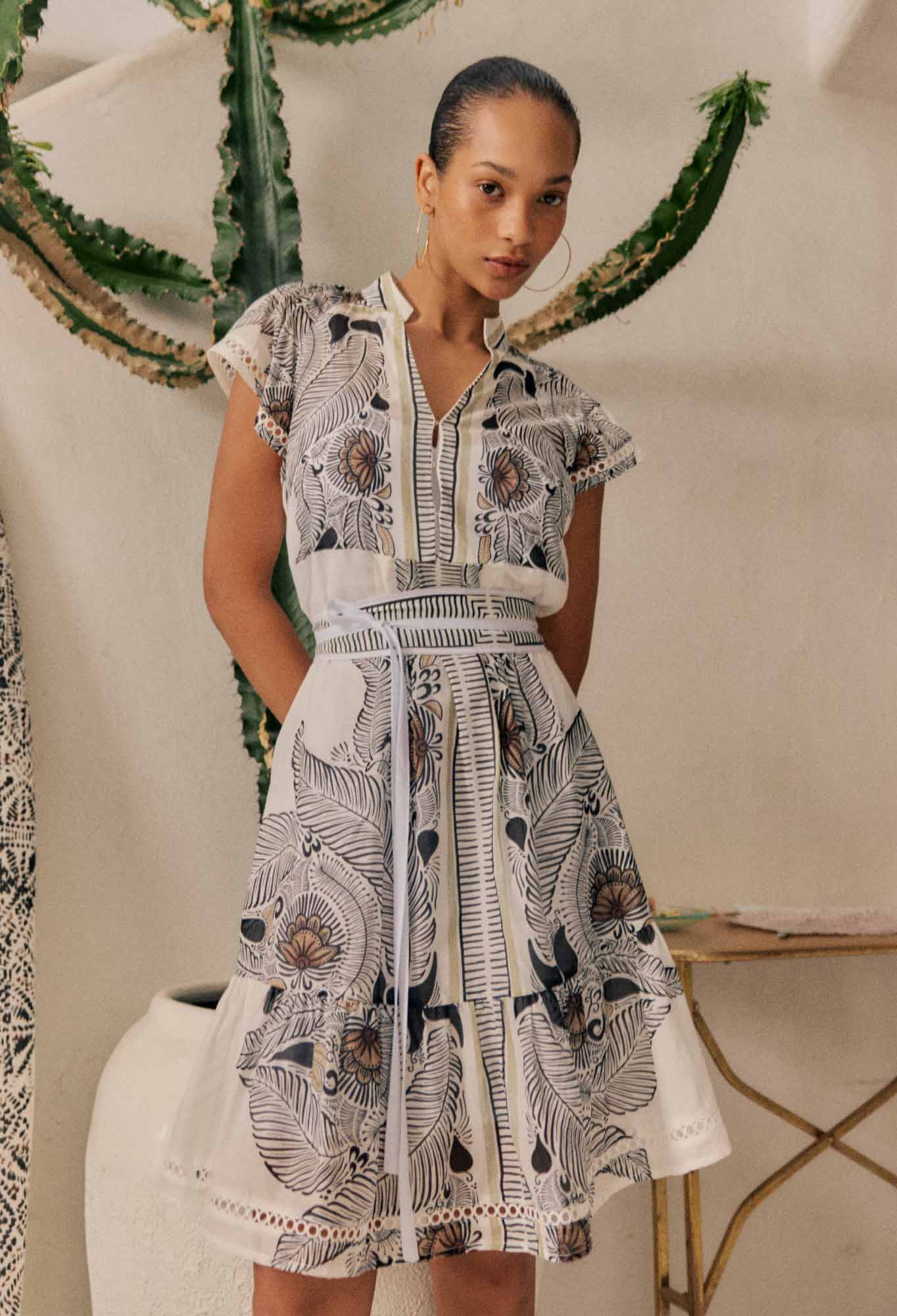 Malika Silk Cotton Lace Trim Flutter Sleeve Dress in Ivory Casablanca