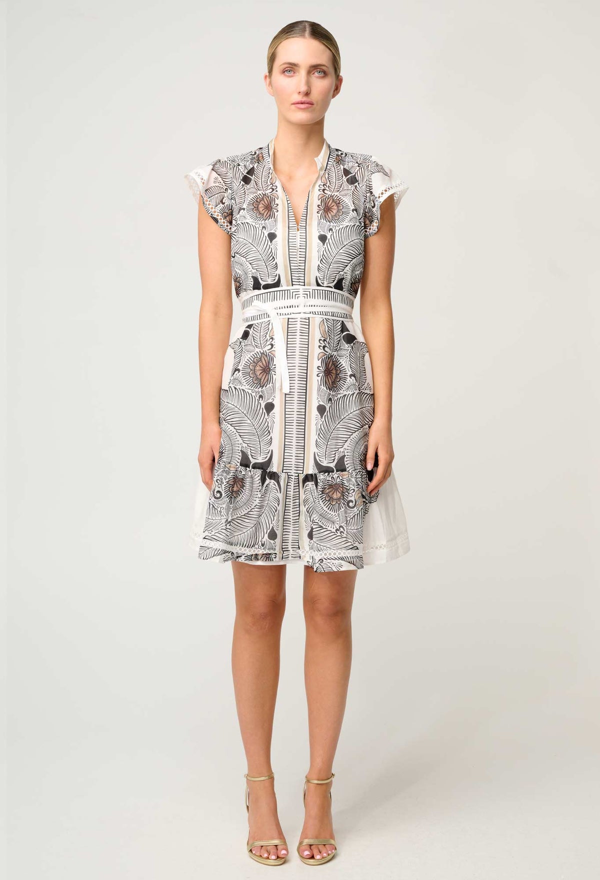 Malika Silk Cotton Lace Trim Flutter Sleeve Dress in Ivory Casablanca