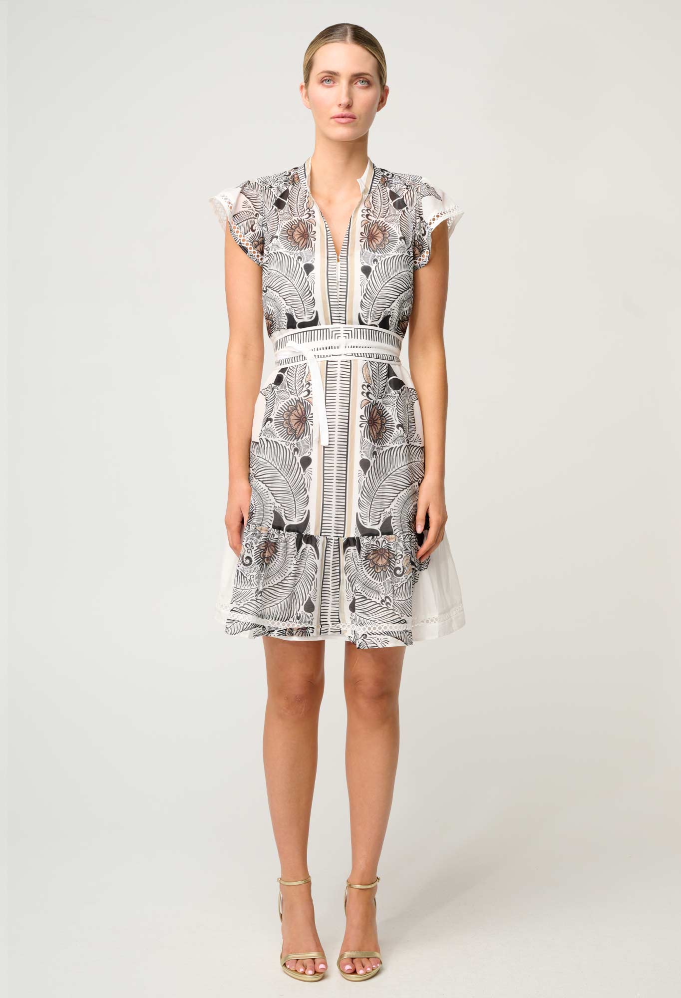 Malika Silk Cotton Lace Trim Flutter Sleeve Dress in Ivory Casablanca