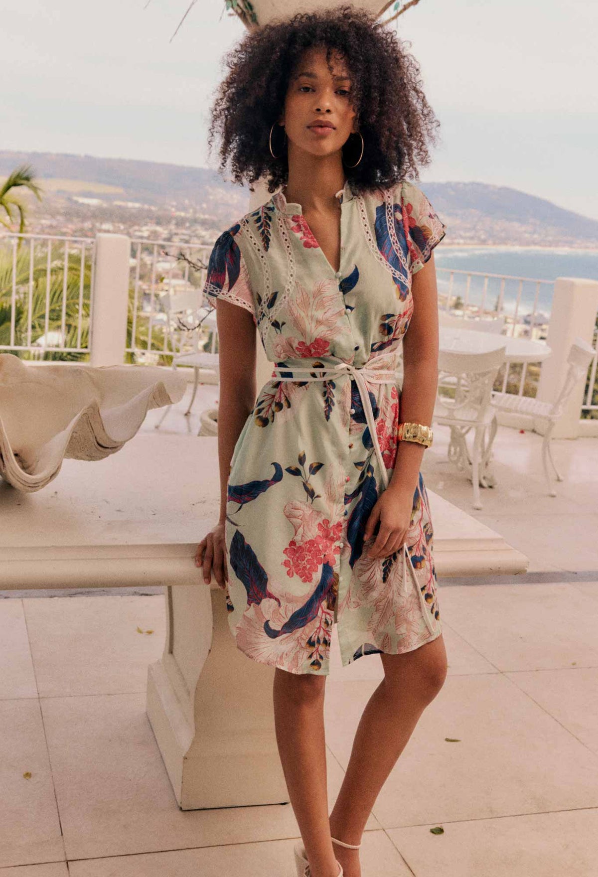 Nisreen Silk Cotton Embroidered Flutter Sleeve Dress in Oasis Flora