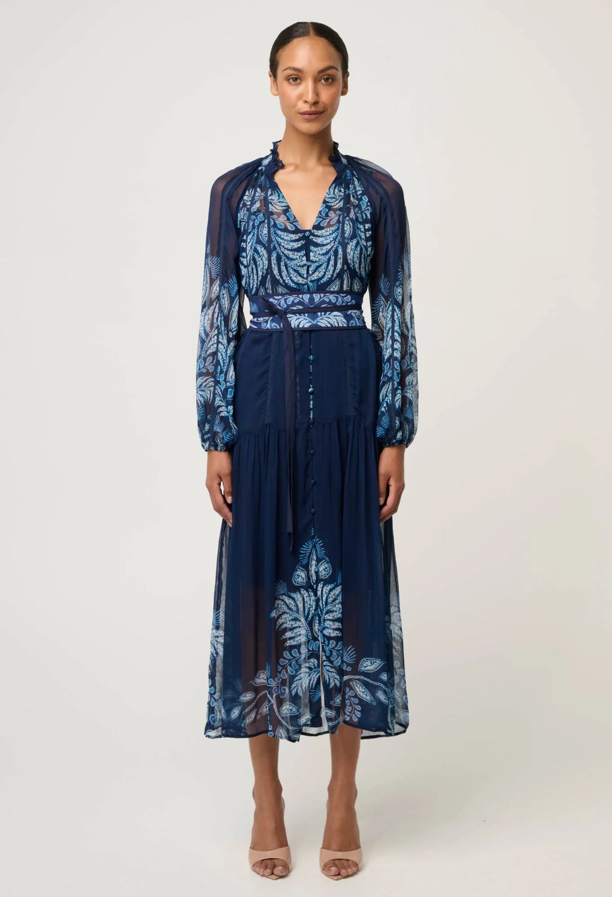 Sloane Viscose Chiffon Print Midi Dress in Moonlit Batik