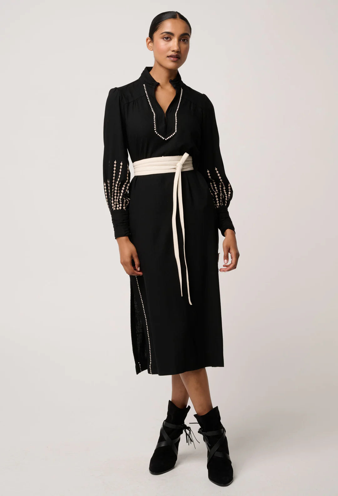 Edith Linen Viscose Embroidered Midi Dress in Black