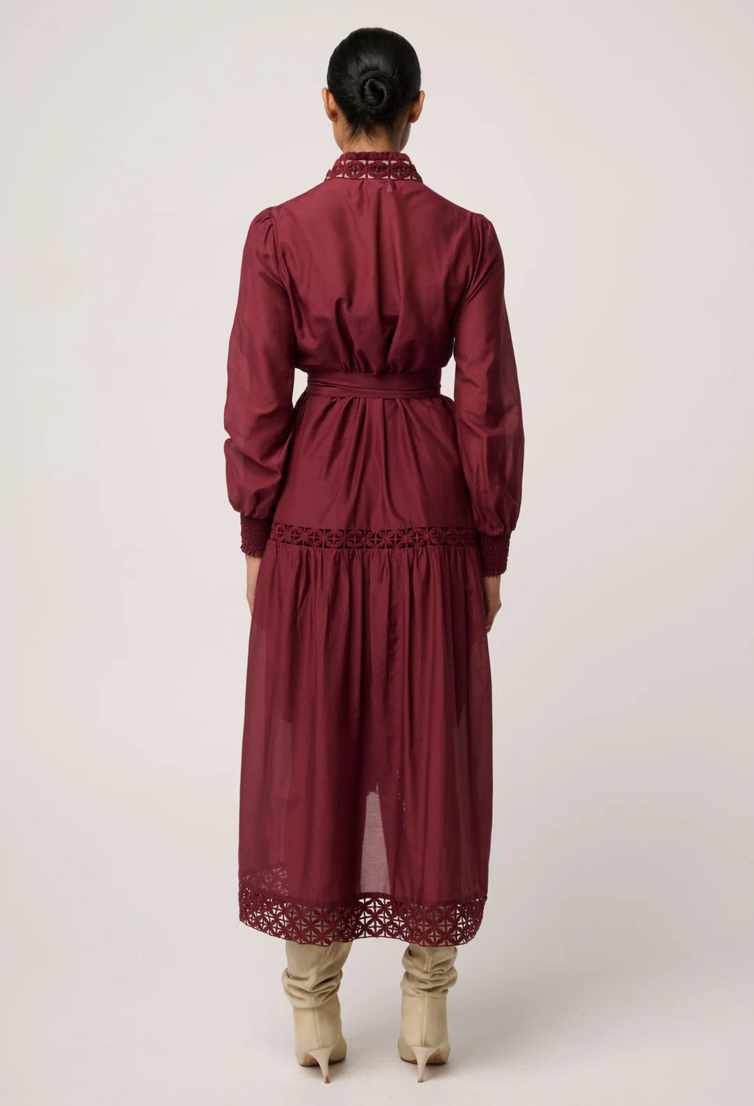 Cascadian Cotton Silk Lace Maxi Dress - Bordeaux