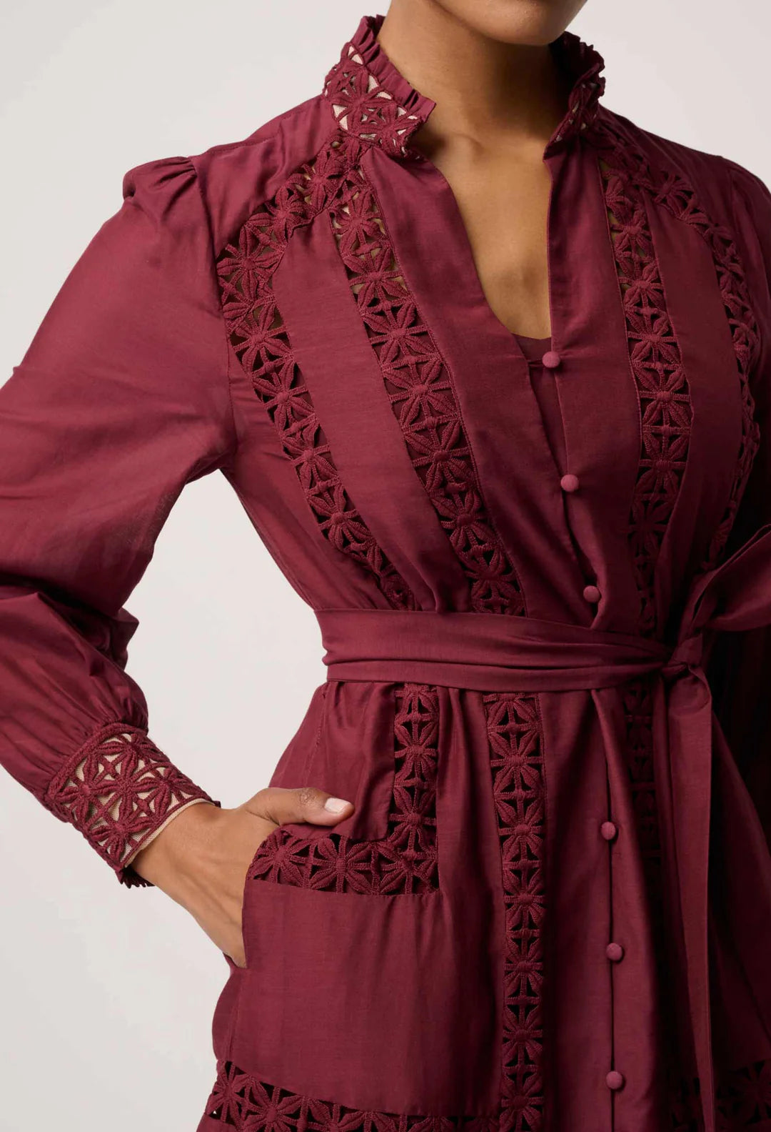 Cascadian Cotton Silk Lace Maxi Dress - Bordeaux