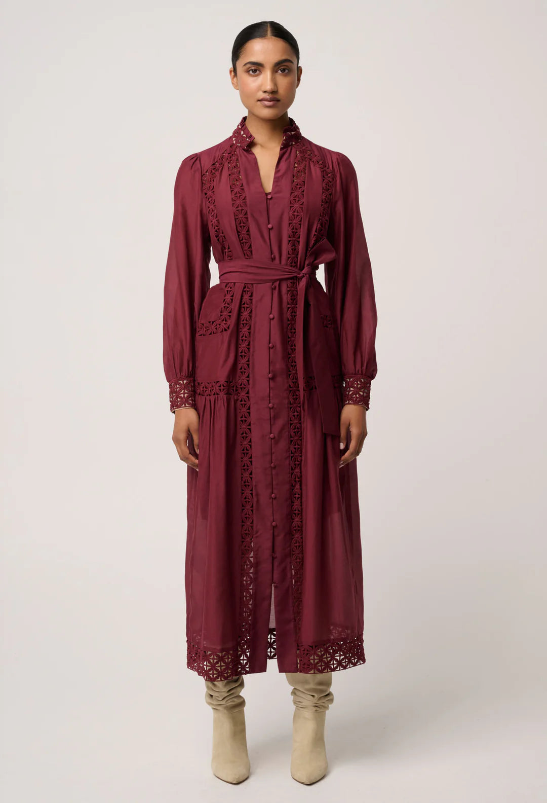 Cascadian Cotton Silk Lace Maxi Dress - Bordeaux