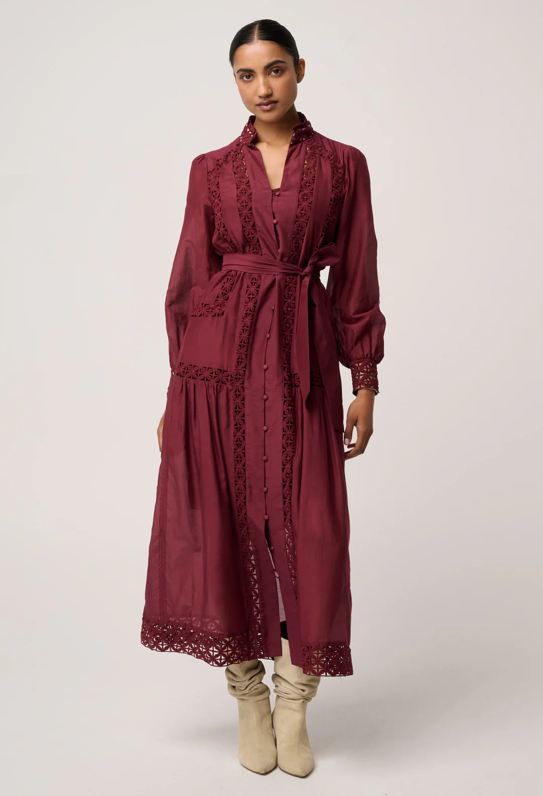 Cascadian Cotton Silk Lace Maxi Dress - Bordeaux