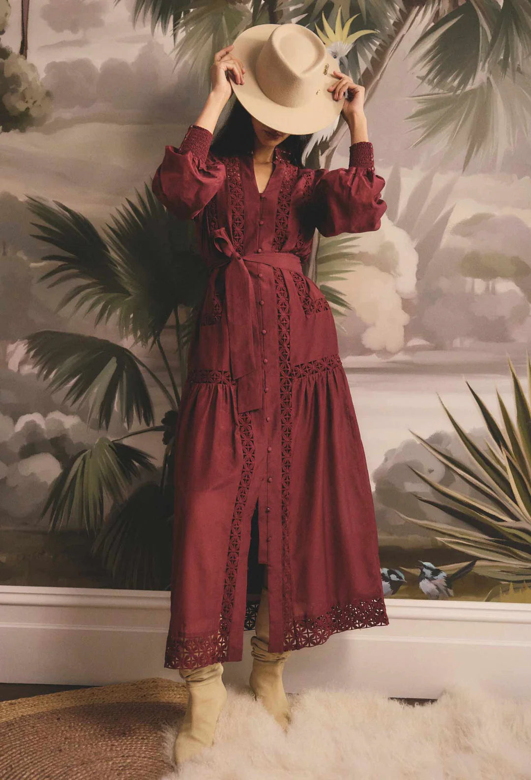 Cascadian Cotton Silk Lace Maxi Dress - Bordeaux