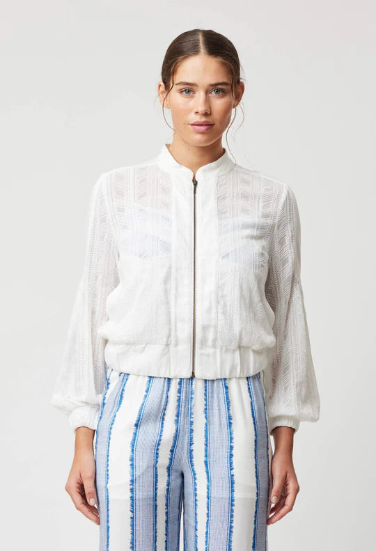 MARGOT EMBROIDERED CHIFFON BOMBER IN WHITE