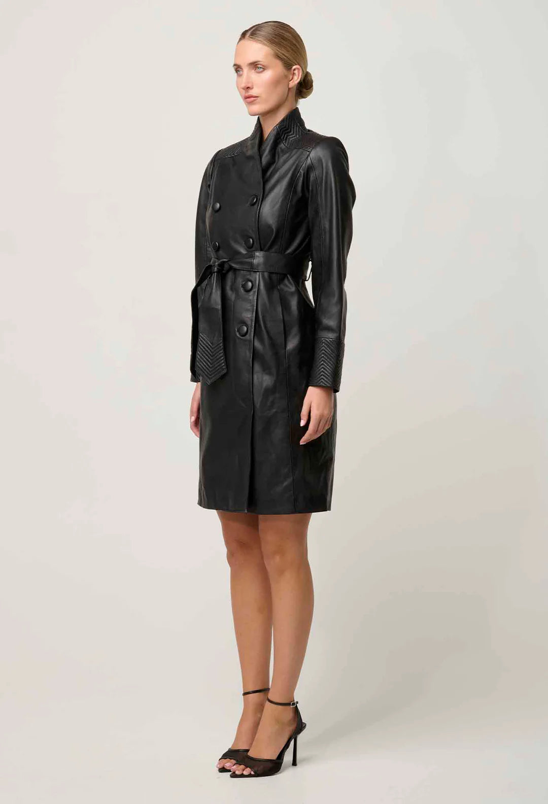 Leighton Leather Herringbone Coat - Onyx