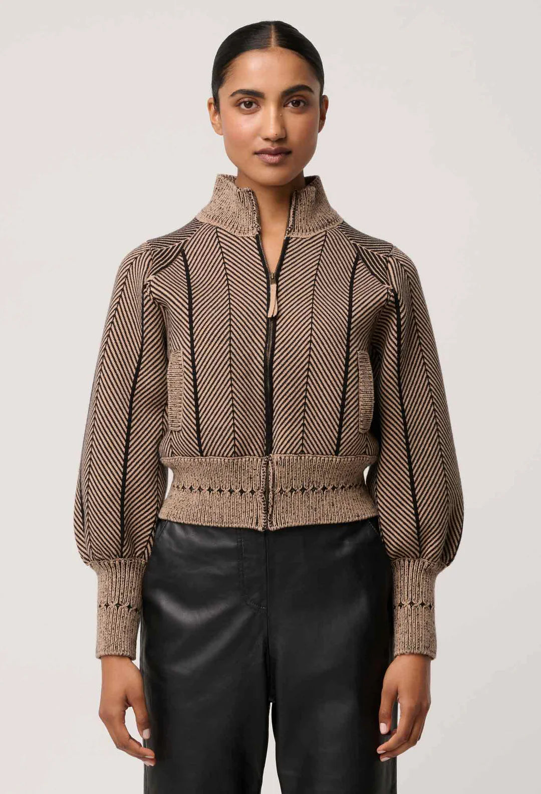 Jeanne Wool Blend Textured Knit Bomber Jacket in Tan Chevron