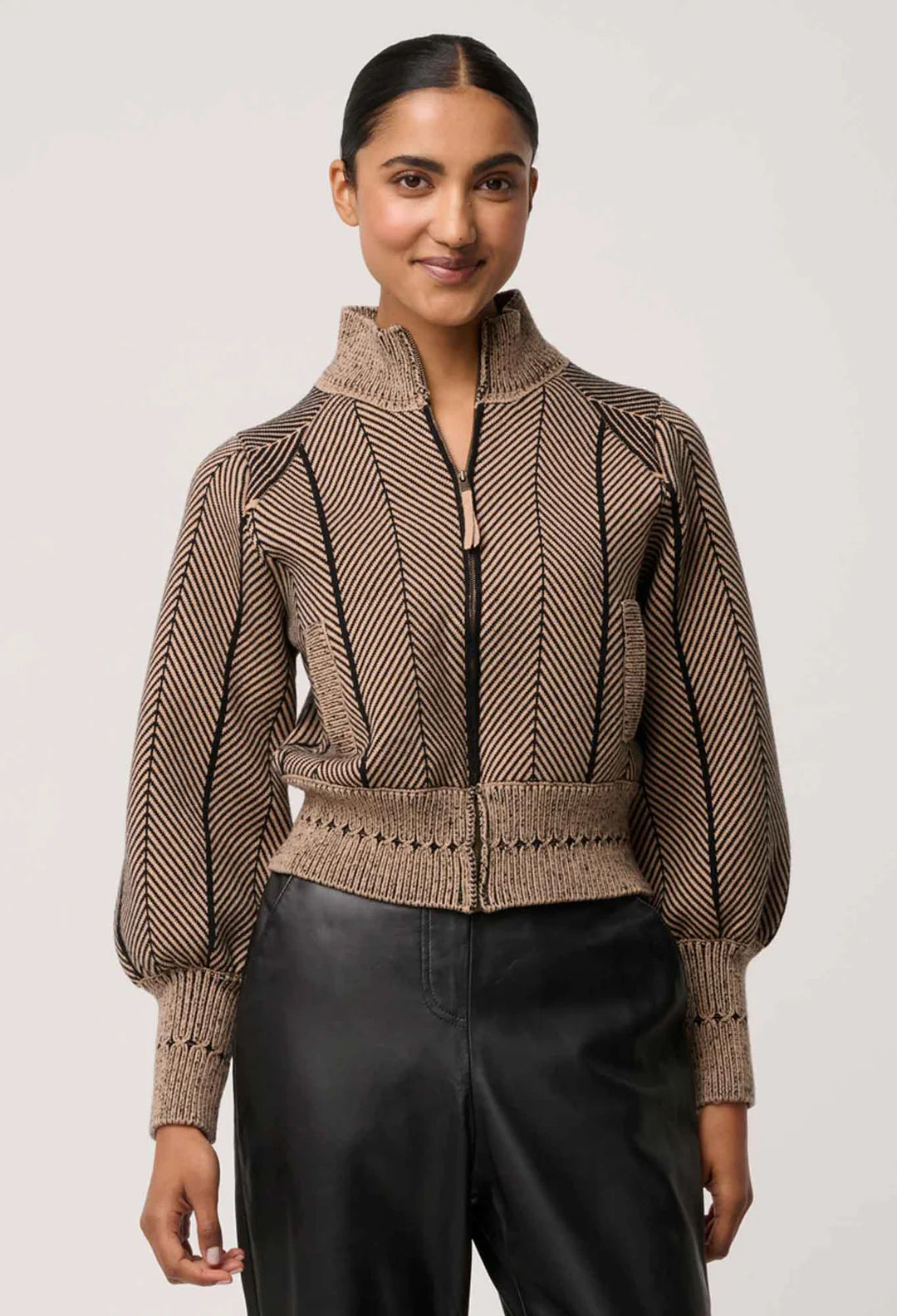 Jeanne Textured Bomber - Tan Chevron