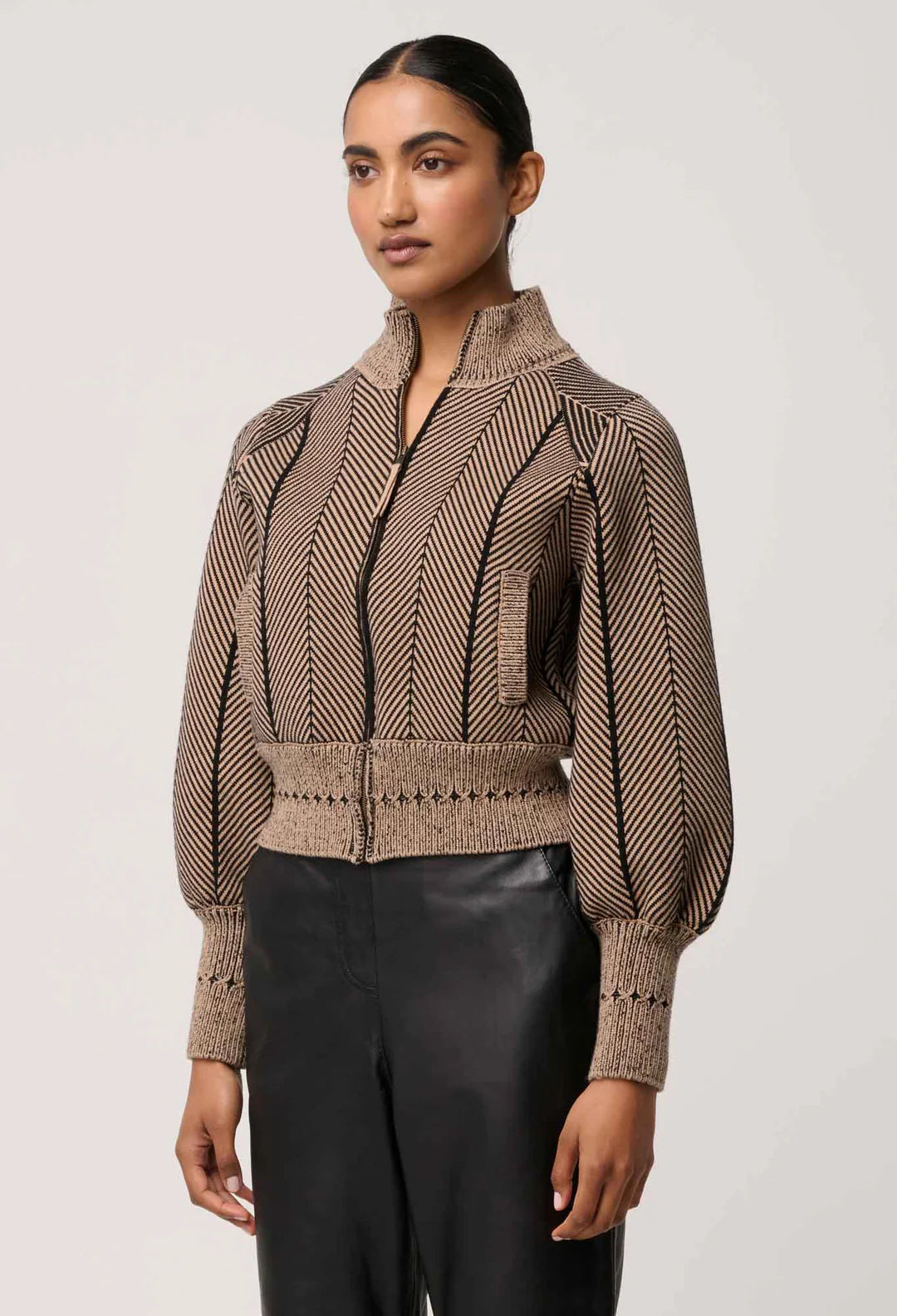 Jeanne Textured Bomber - Tan Chevron