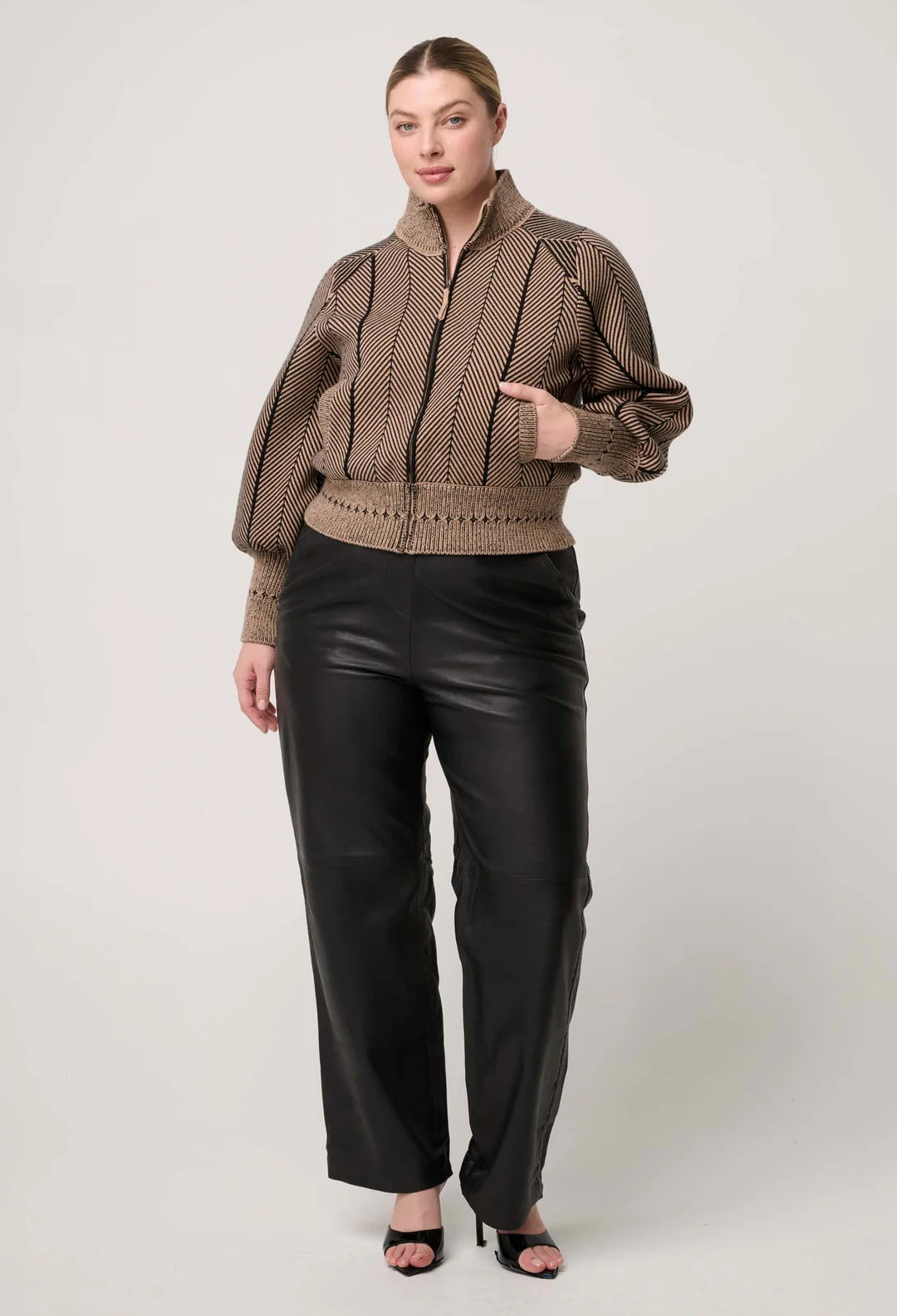 Jeanne Textured Bomber - Tan Chevron