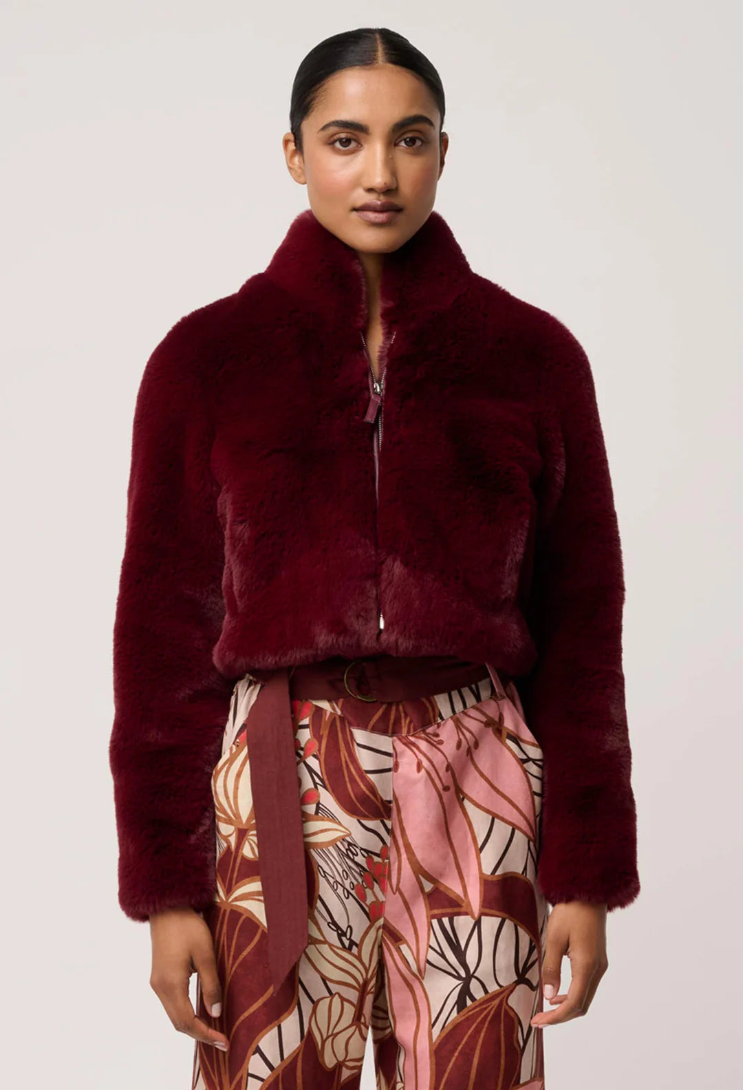 Dawn Faux Fur Cropped Jacket in Bordeaux